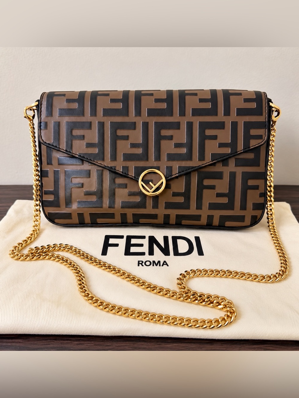 Fendi WOC FF Zucca Bicolor Leather Wallet on Chain Crossbody Bag Brown